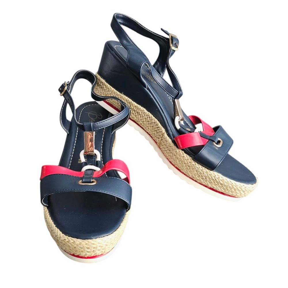 Beacon Navy and Red Wedge Sandals Sz 9.5 W